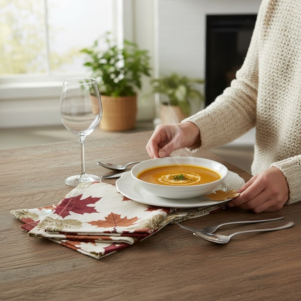 Well Dressed Home Napkins Set of 4 18x18 Cream Red Gold New Autumn Leaf Cotton